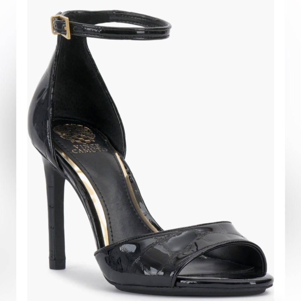 Vince Camuto Black Patent Leather Open-Toe Ankle-Strap Stiletto Heels